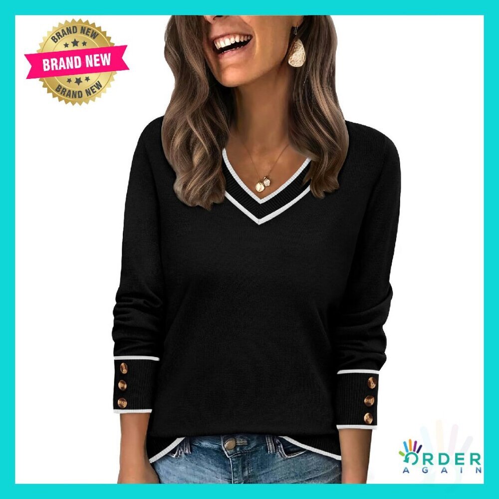 Lightweight V Neck Sweater Long Sleeve Knit Pullover Button Cuffs Chic
